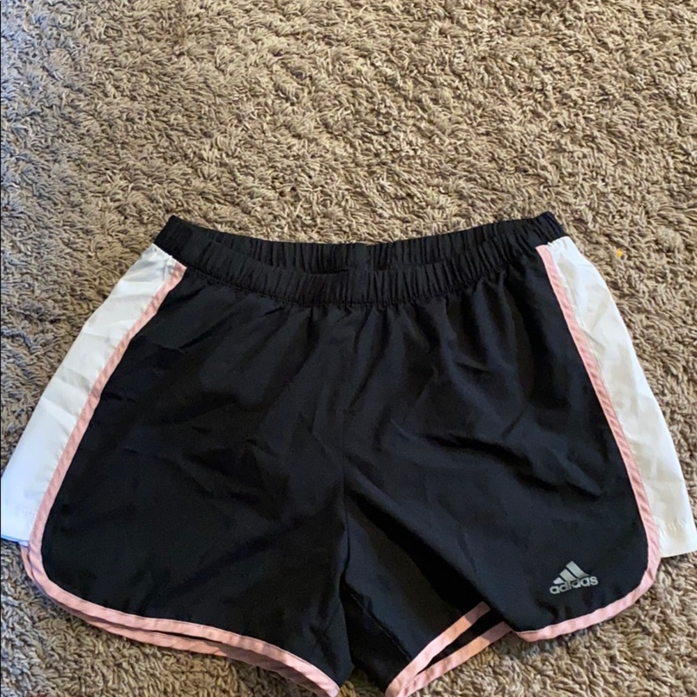 Pink black and white adidas shorts